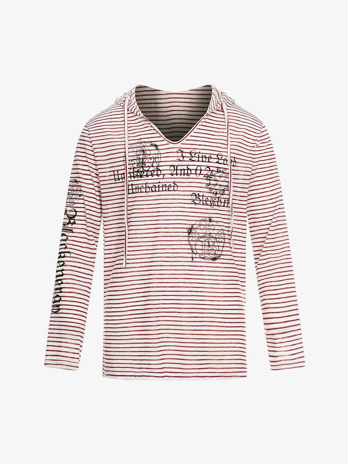 Graphic Print and V-Neck Striped Long Sleeve Hooded T-Shirt - Image 2