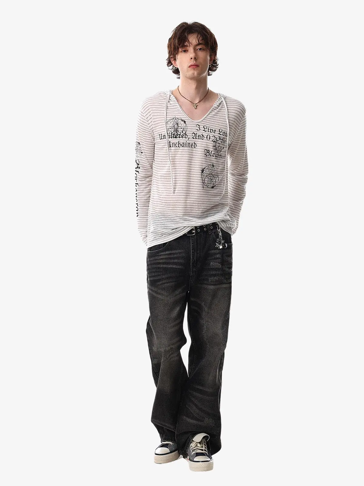 Graphic Print and V-Neck Striped Long Sleeve Hooded T-Shirt - Image 3