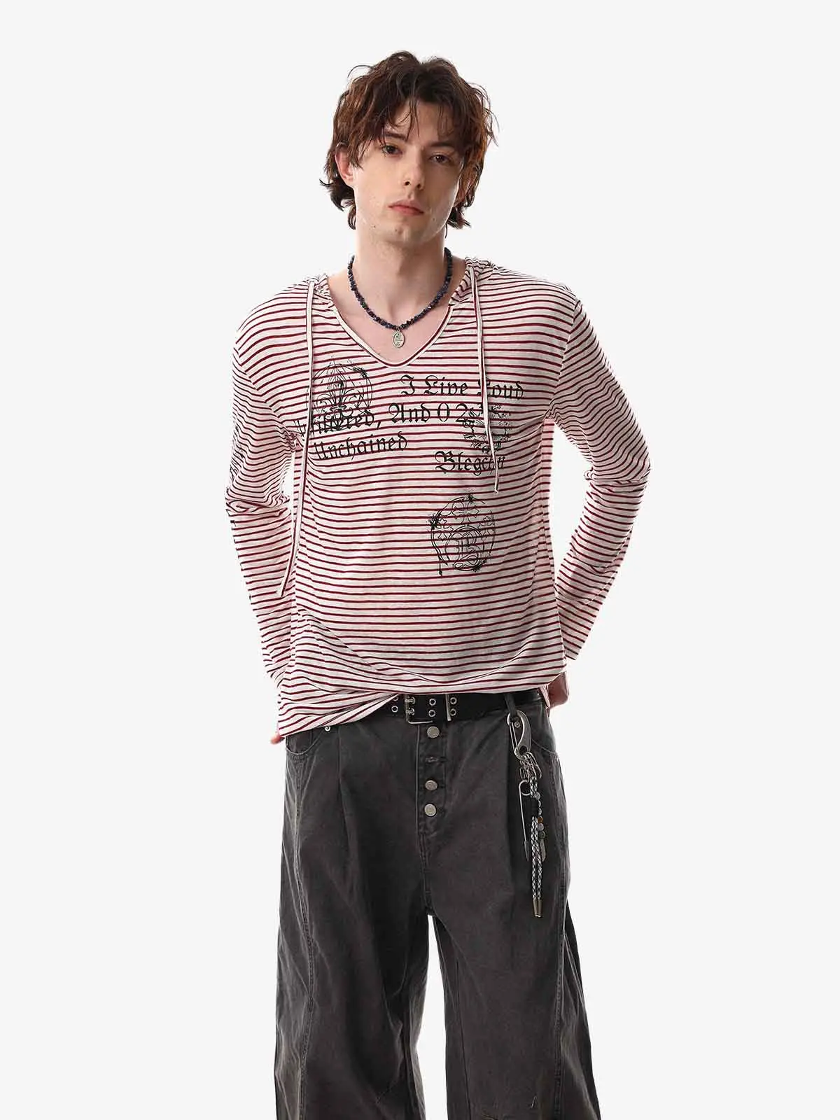 Graphic Print and V-Neck Striped Long Sleeve Hooded T-Shirt - Image 4