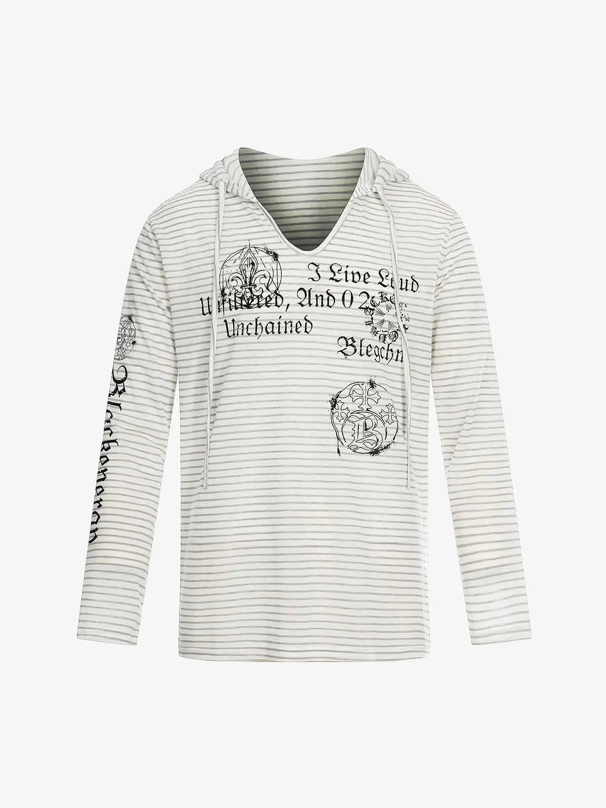 Graphic Print and V-Neck Striped Long Sleeve Hooded T-Shirt - Image 6