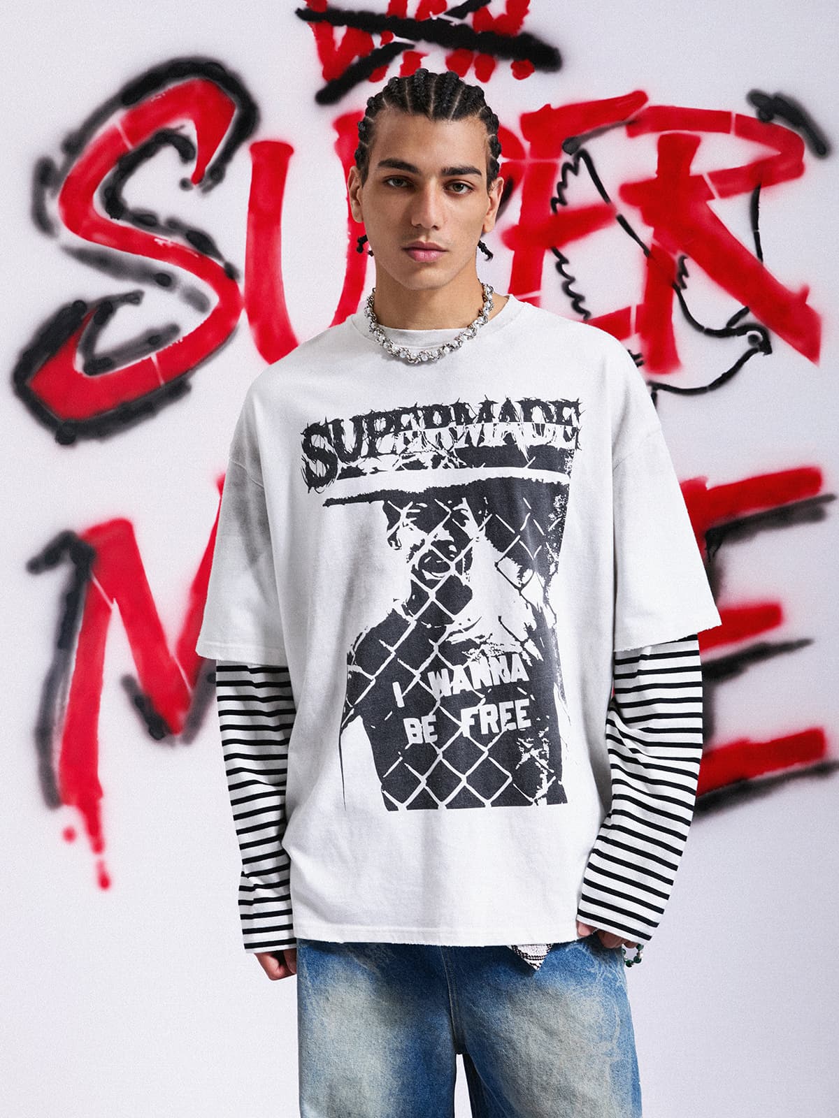 Grunge Graphic Distressed Cage Striped Long-Sleeve T-Shirt