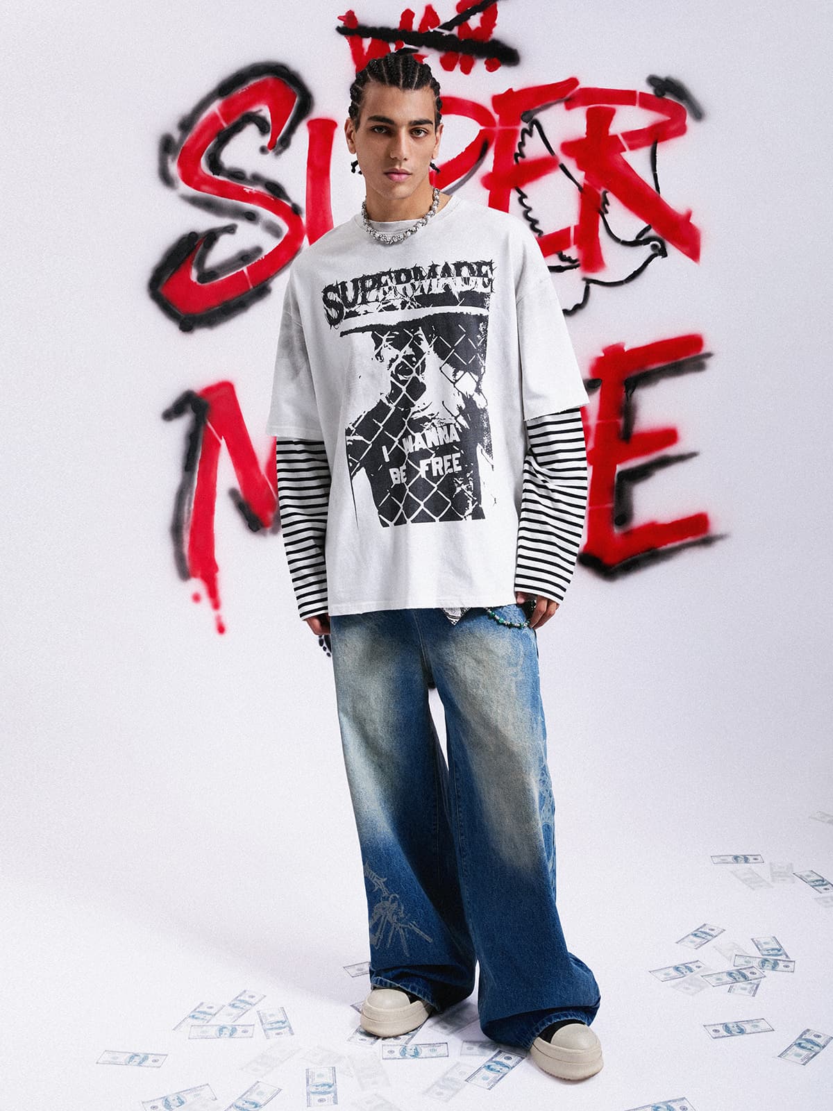 Grunge Graphic Distressed Cage Striped Long-Sleeve T-Shirt - Image 3