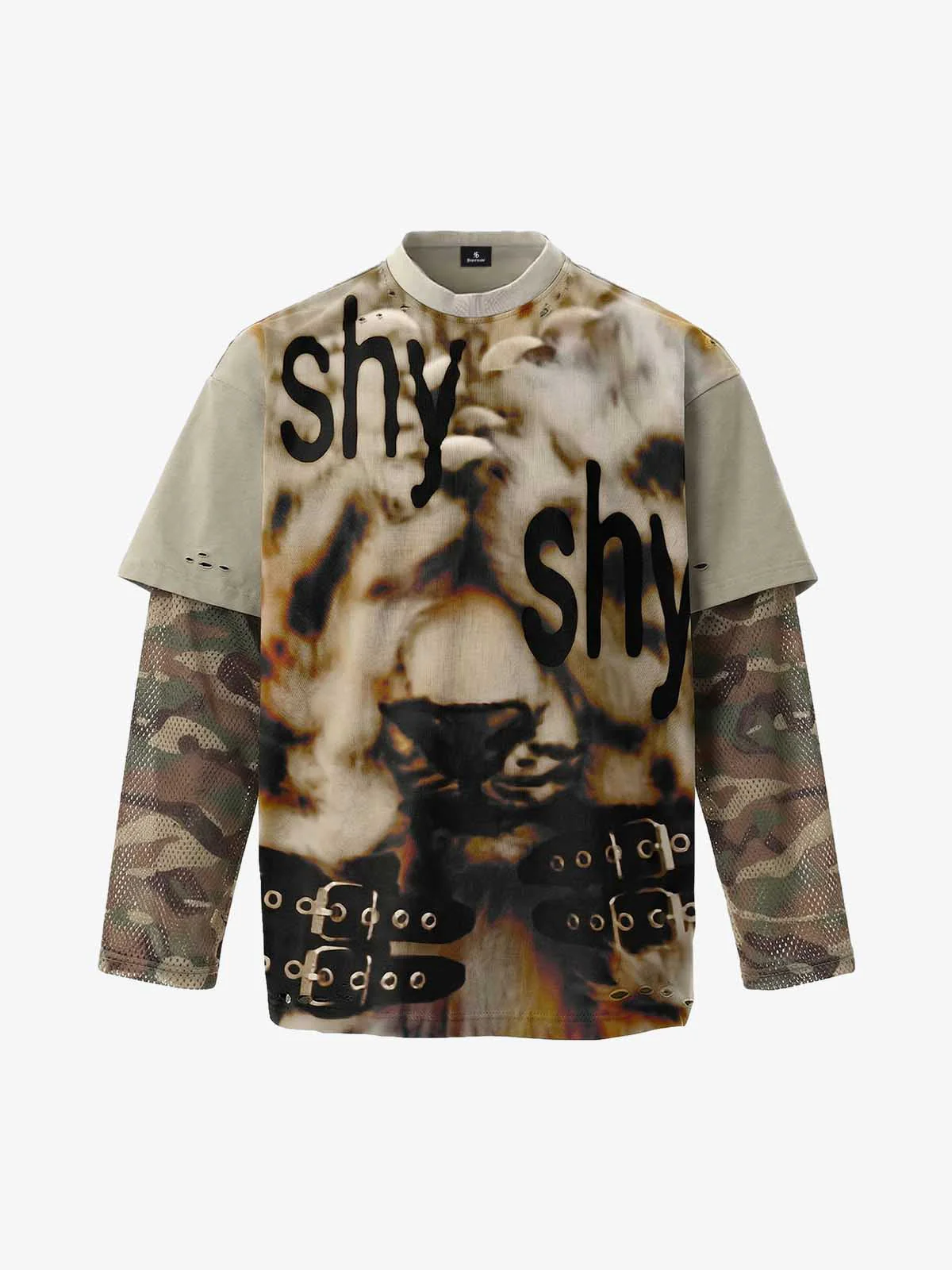 Grunge Graphic Fake Layer Camo Sleeve T-Shirt