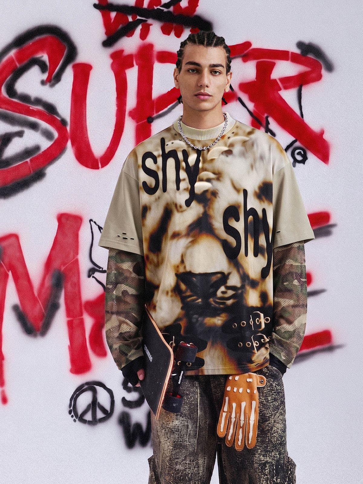 Grunge Graphic Fake Layer Camo Sleeve T-Shirt - Image 2