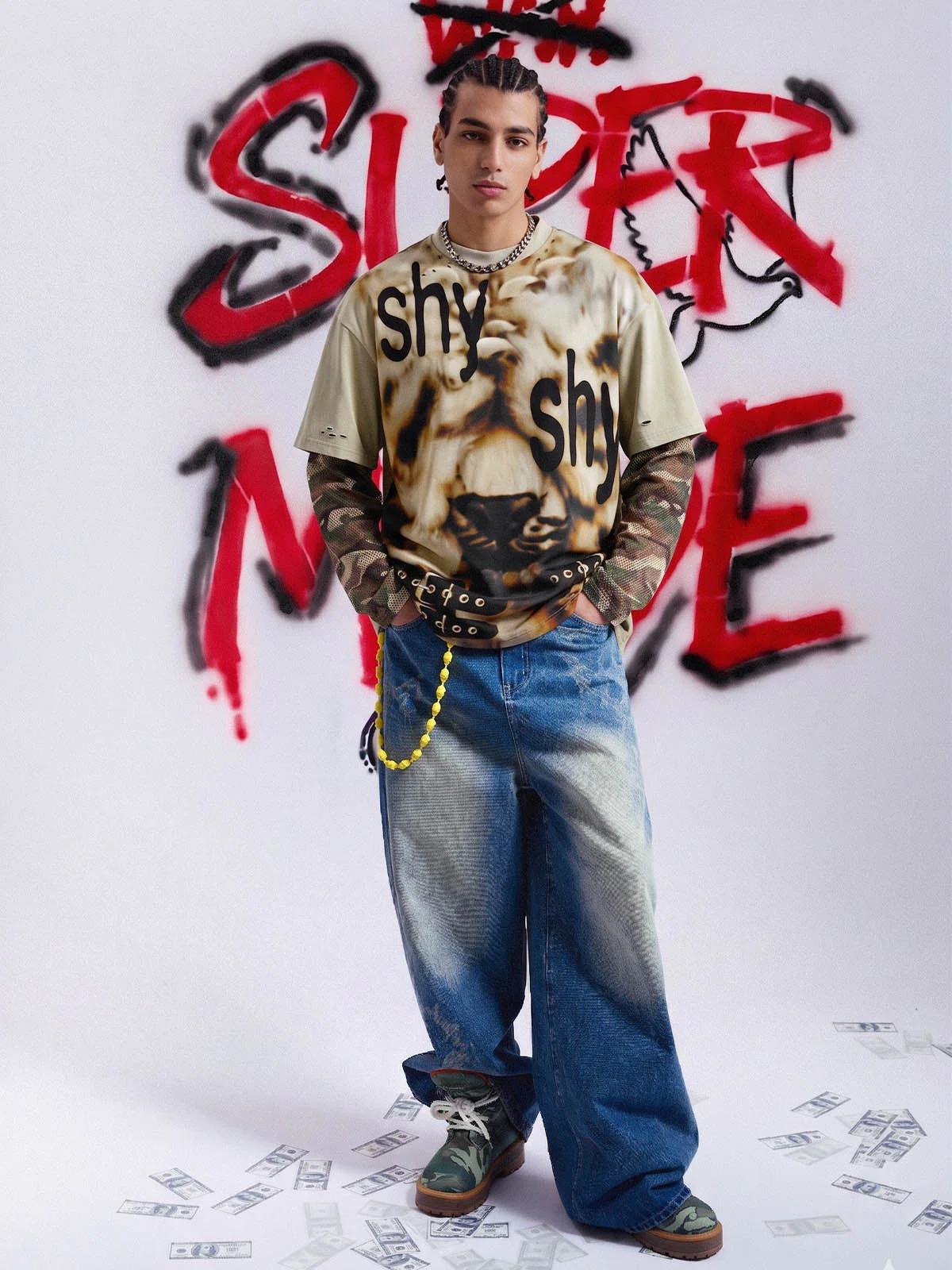 Grunge Graphic Fake Layer Camo Sleeve T-Shirt - Image 4