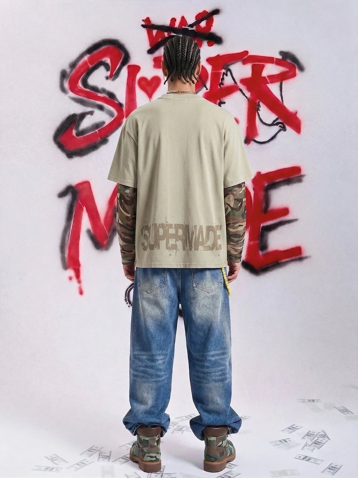 Grunge Graphic Fake Layer Camo Sleeve T-Shirt - Image 5