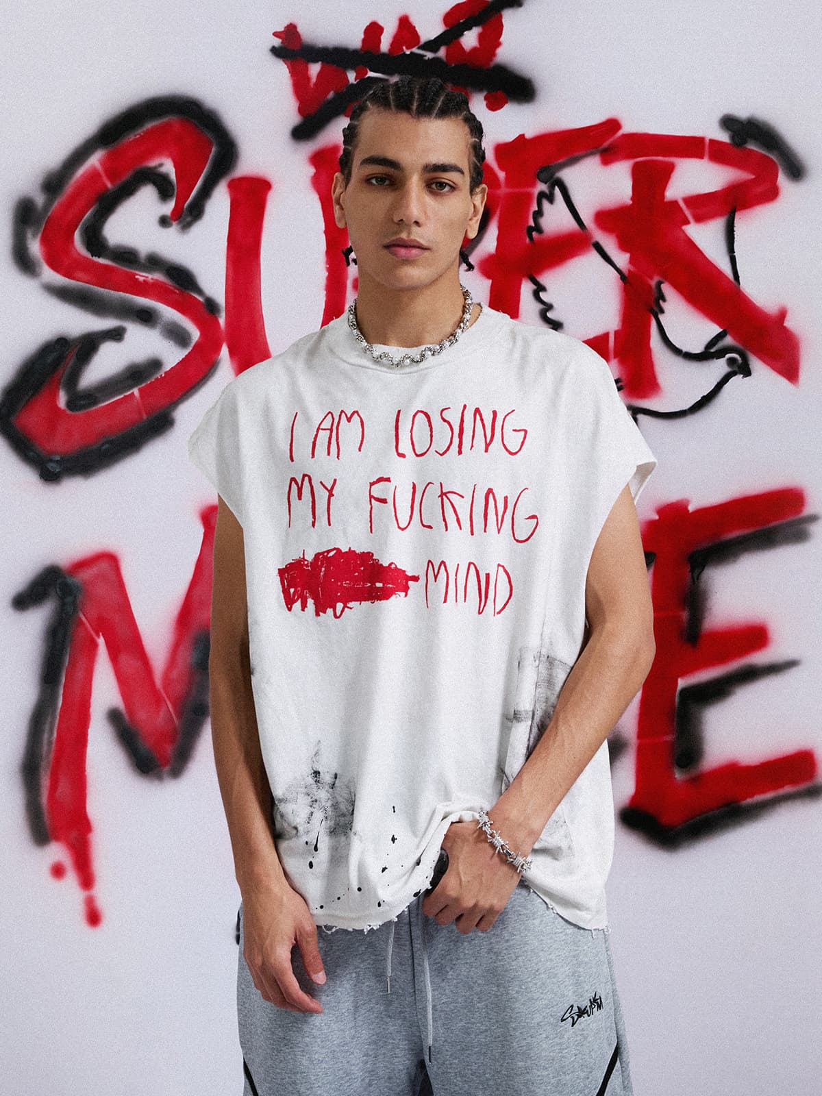 Grunge Slogan Print Distressed Raw Hem Sleeveless T-Shirt - 2612 - Image 3