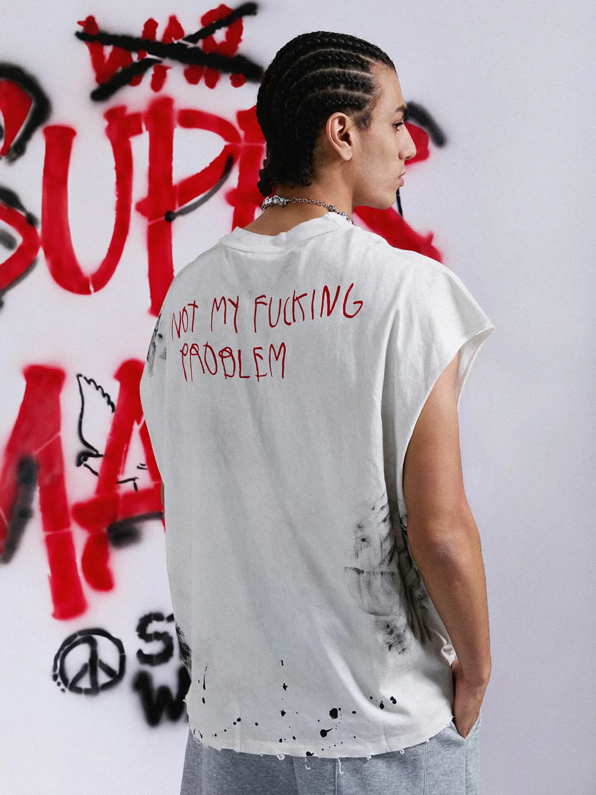 Grunge Slogan Print Distressed Raw Hem Sleeveless T-Shirt - 2612 - Image 5