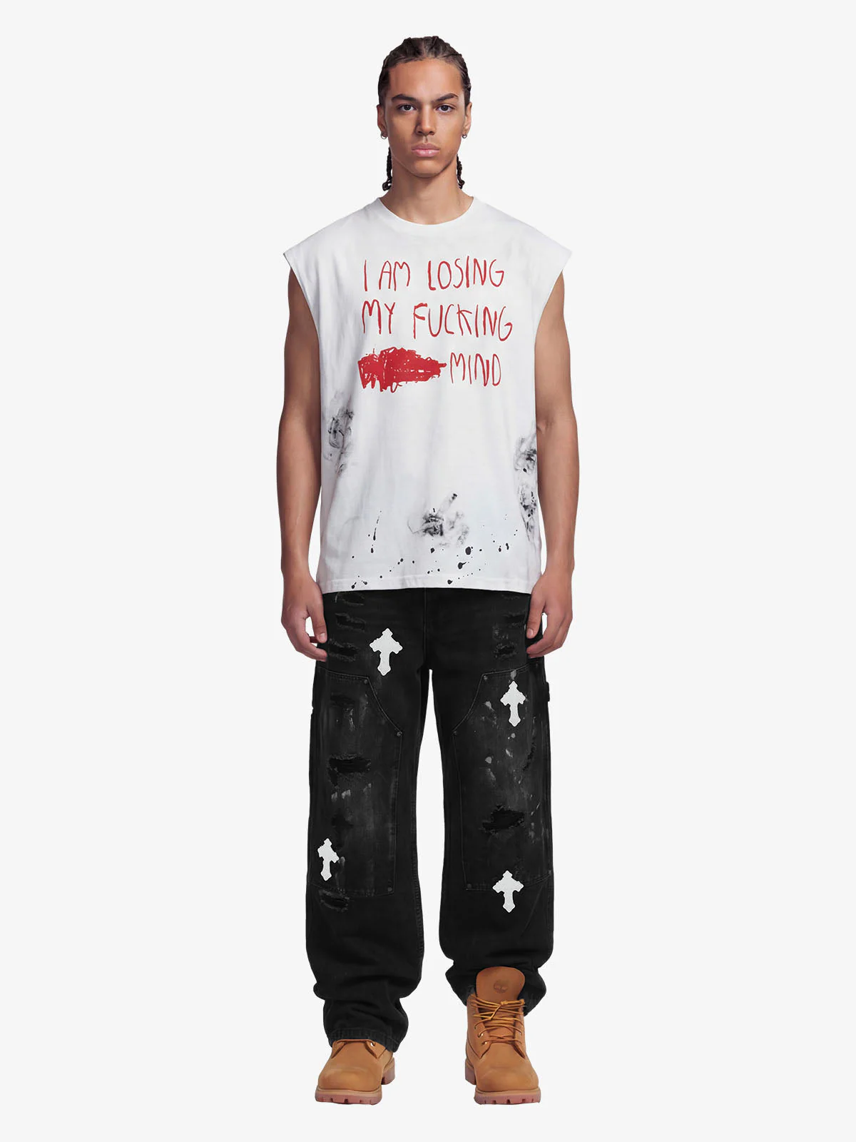 Grunge Slogan Print Distressed Raw Hem Sleeveless T-Shirt - 2612 - Image 6