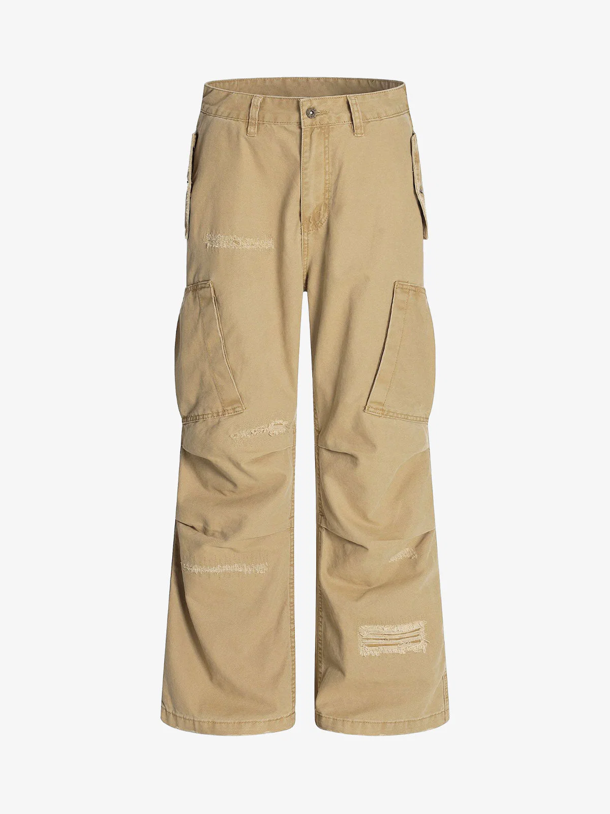 Cotton Hole Patch Pleated Multi-Pocket Cargo Casual Pants - Image 2