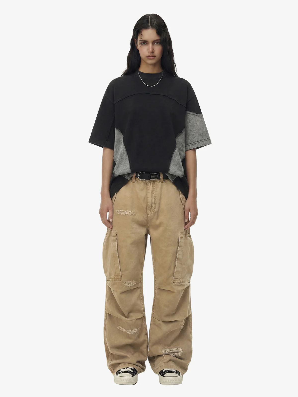 Cotton Hole Patch Pleated Multi-Pocket Cargo Casual Pants - Image 6
