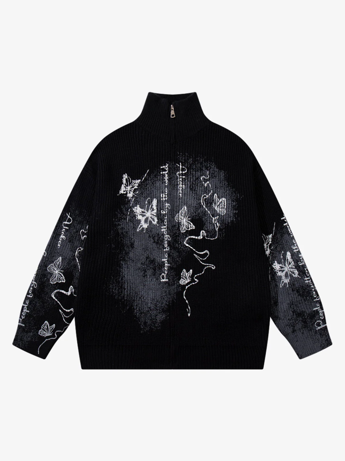 Ink-Splashed Butterfly Jacquard Zip Knit Sweater - Image 2
