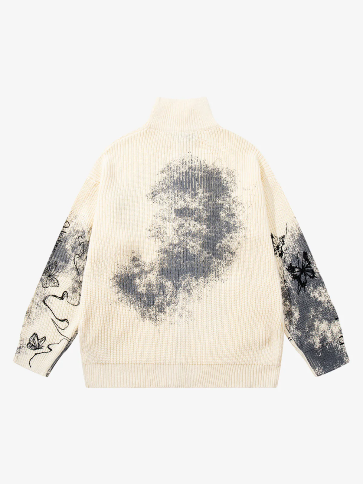 Ink-Splashed Butterfly Jacquard Zip Knit Sweater - Image 3