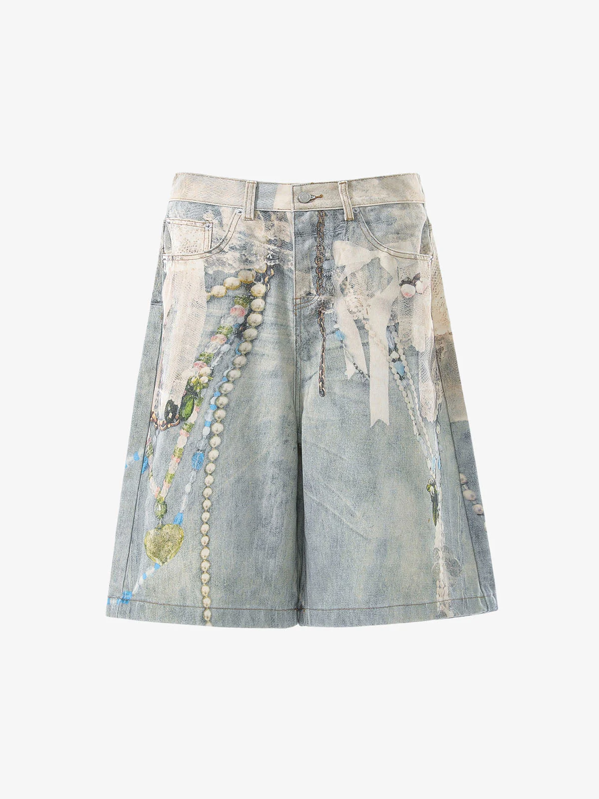Jewelry Pearl Graphic Print 3D Effect Denim Shorts