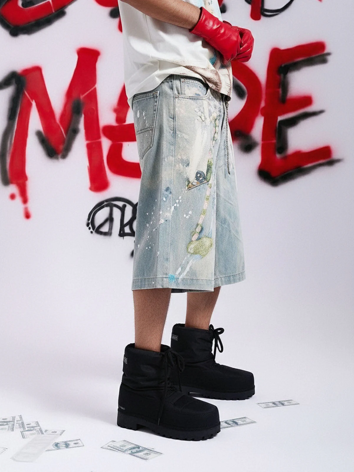 Jewelry Pearl Graphic Print 3D Effect Denim Shorts - Image 2