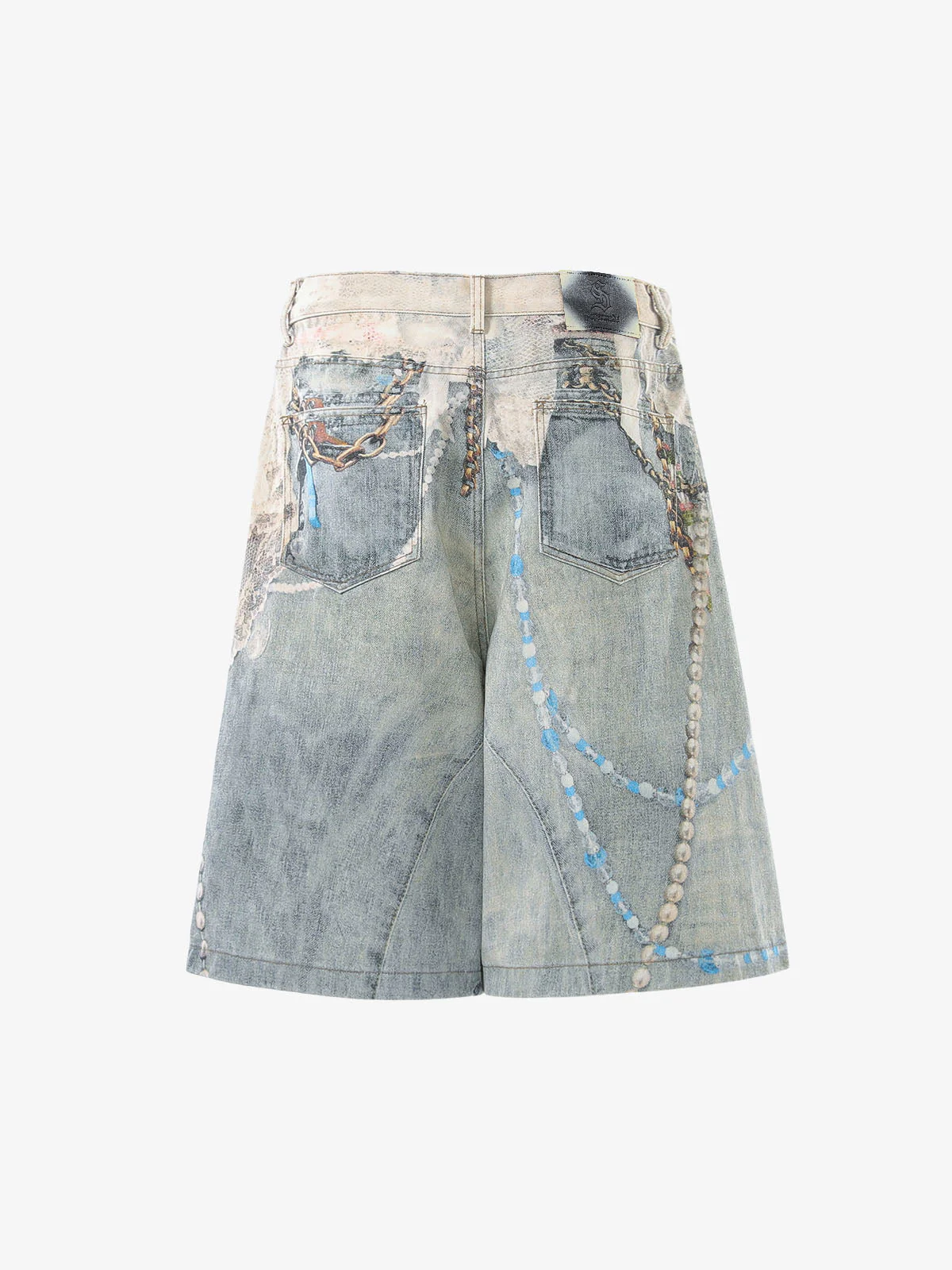 Jewelry Pearl Graphic Print 3D Effect Denim Shorts - Image 5