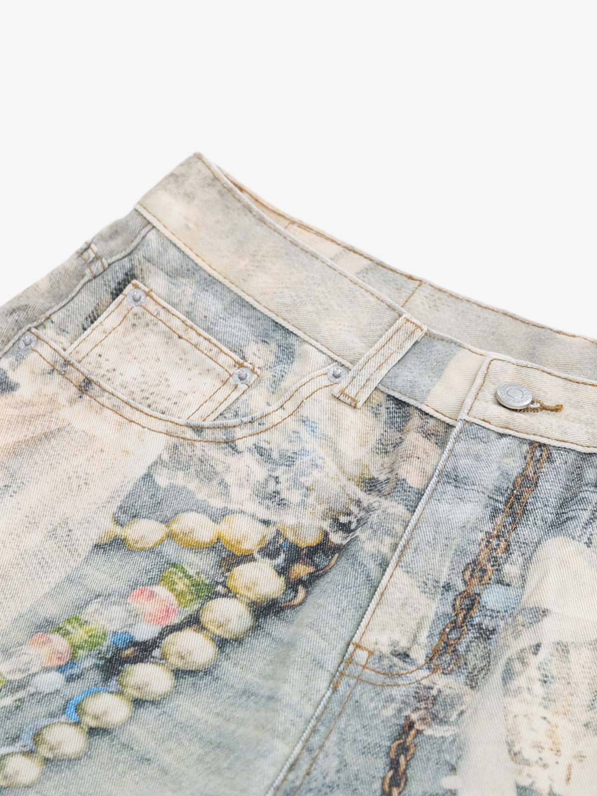Jewelry Pearl Graphic Print 3D Effect Denim Shorts - Image 7