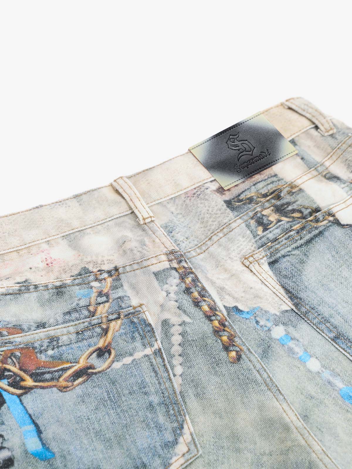 Jewelry Pearl Graphic Print 3D Effect Denim Shorts - Image 9