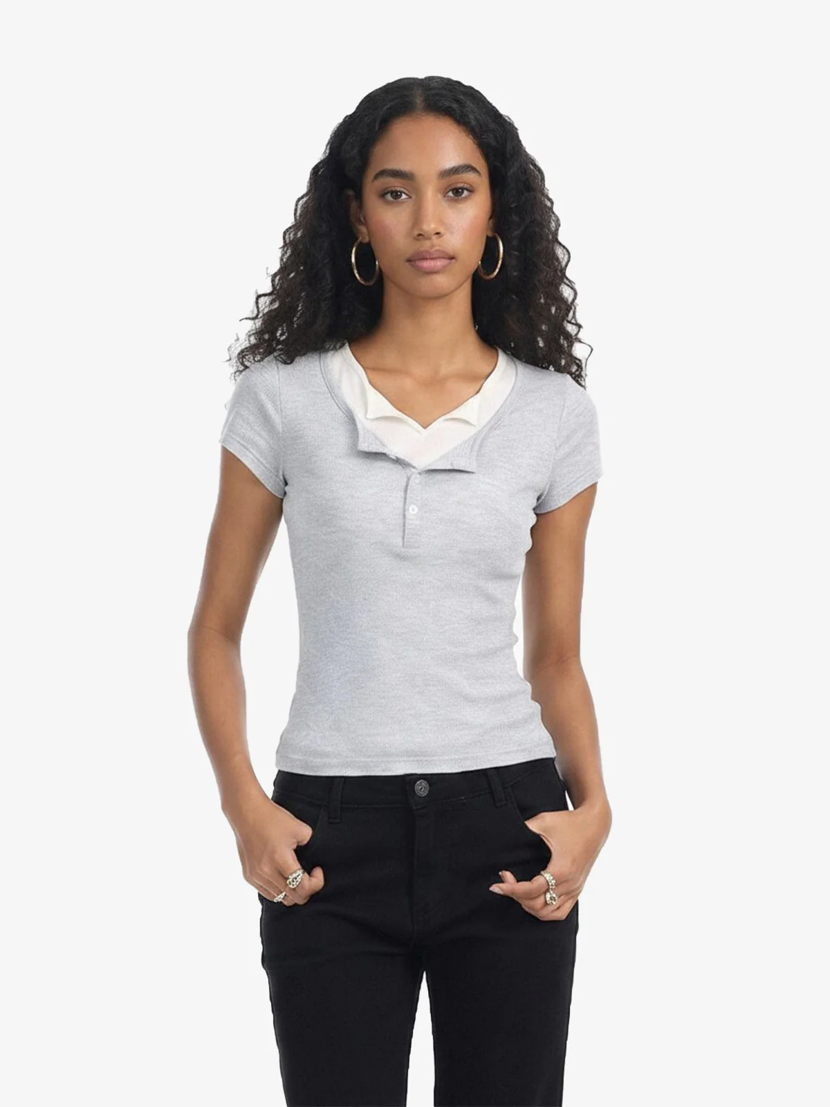 Layered Look Henley Slim Fit Short Sleeve T-Shirt - Image 3