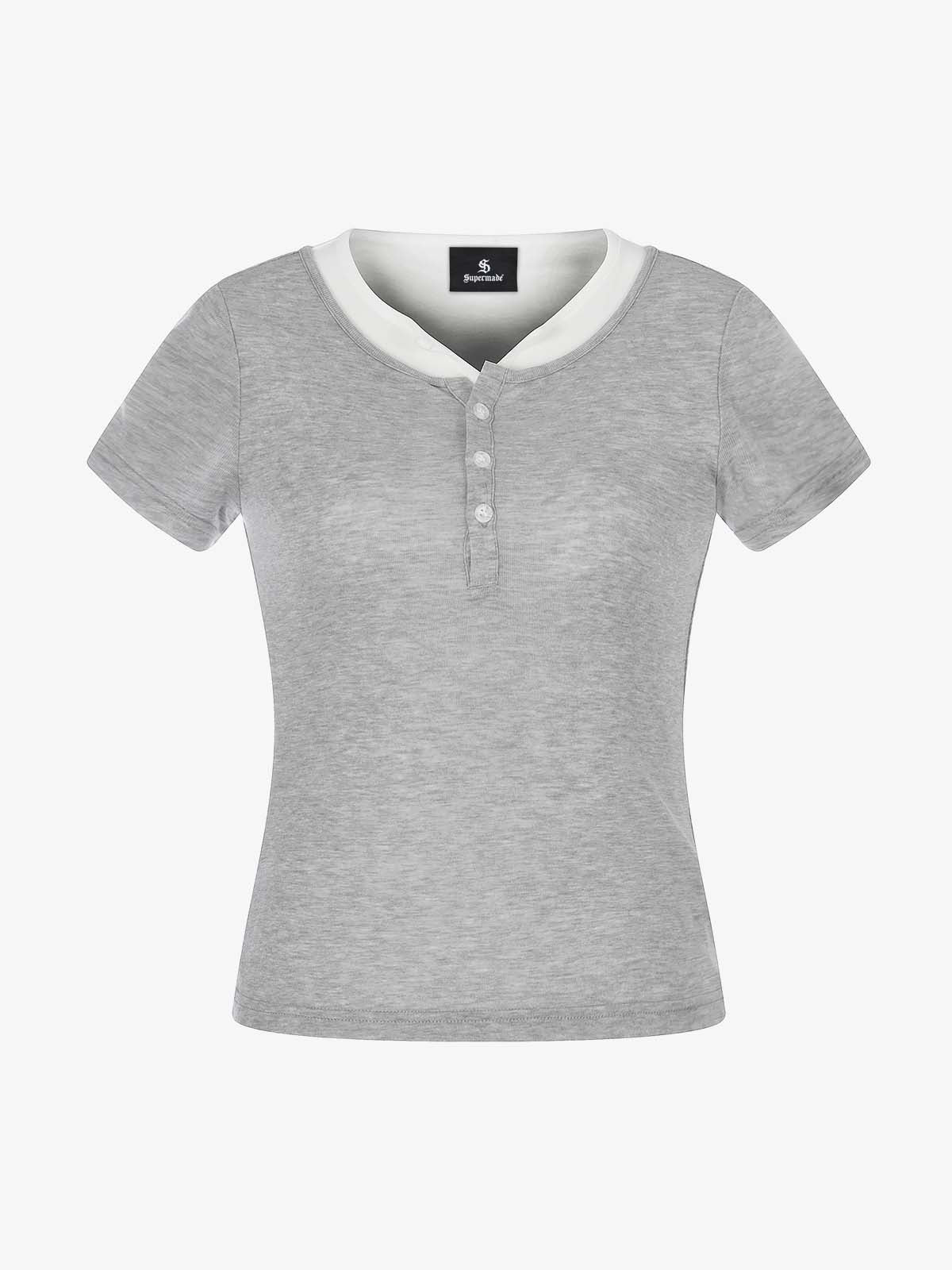 Layered Look Henley Slim Fit Short Sleeve T-Shirt - Image 7
