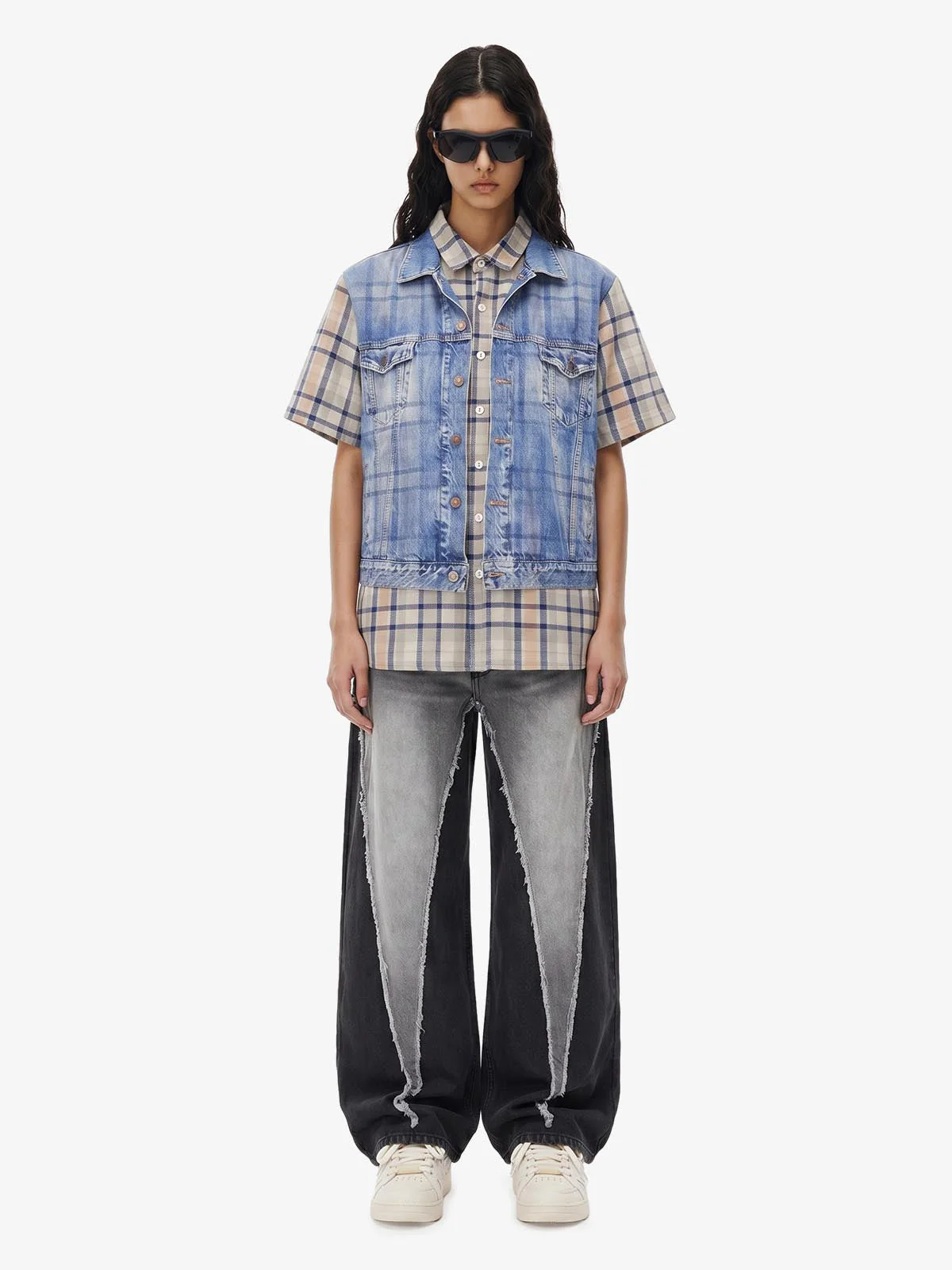 Layered Plaid Denim Print Short Sleeve Shirt - Image 5