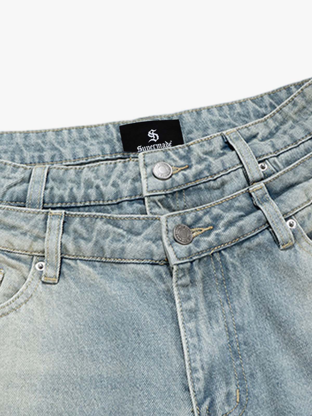 Layered Waist Vintage Washed Wide Leg Jeans - Image 3