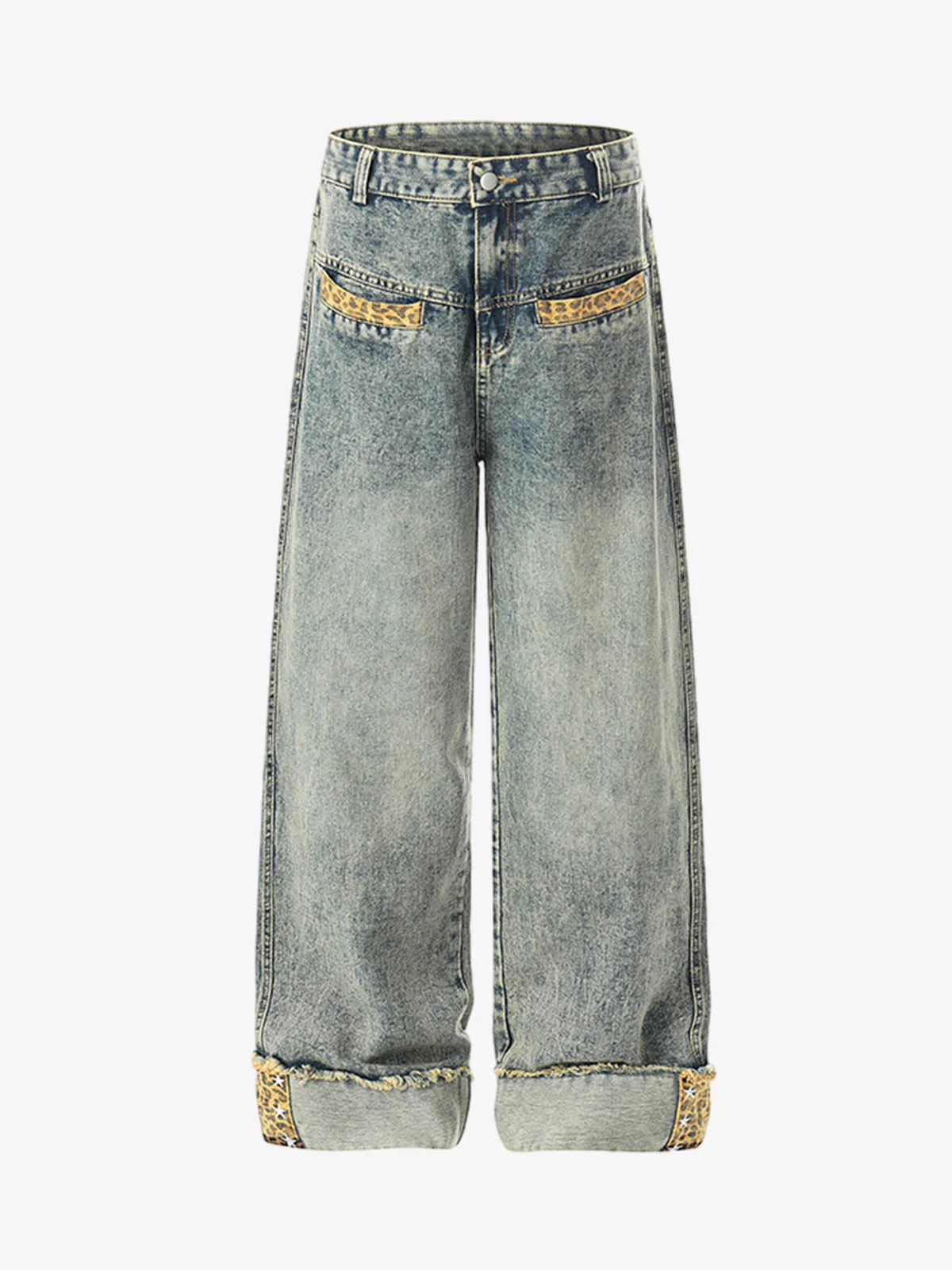 Leopard Print Trim Washed Jeans