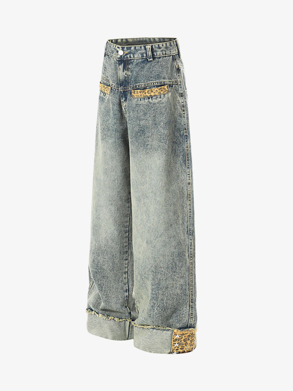 Leopard Print Trim Washed Jeans - Image 3