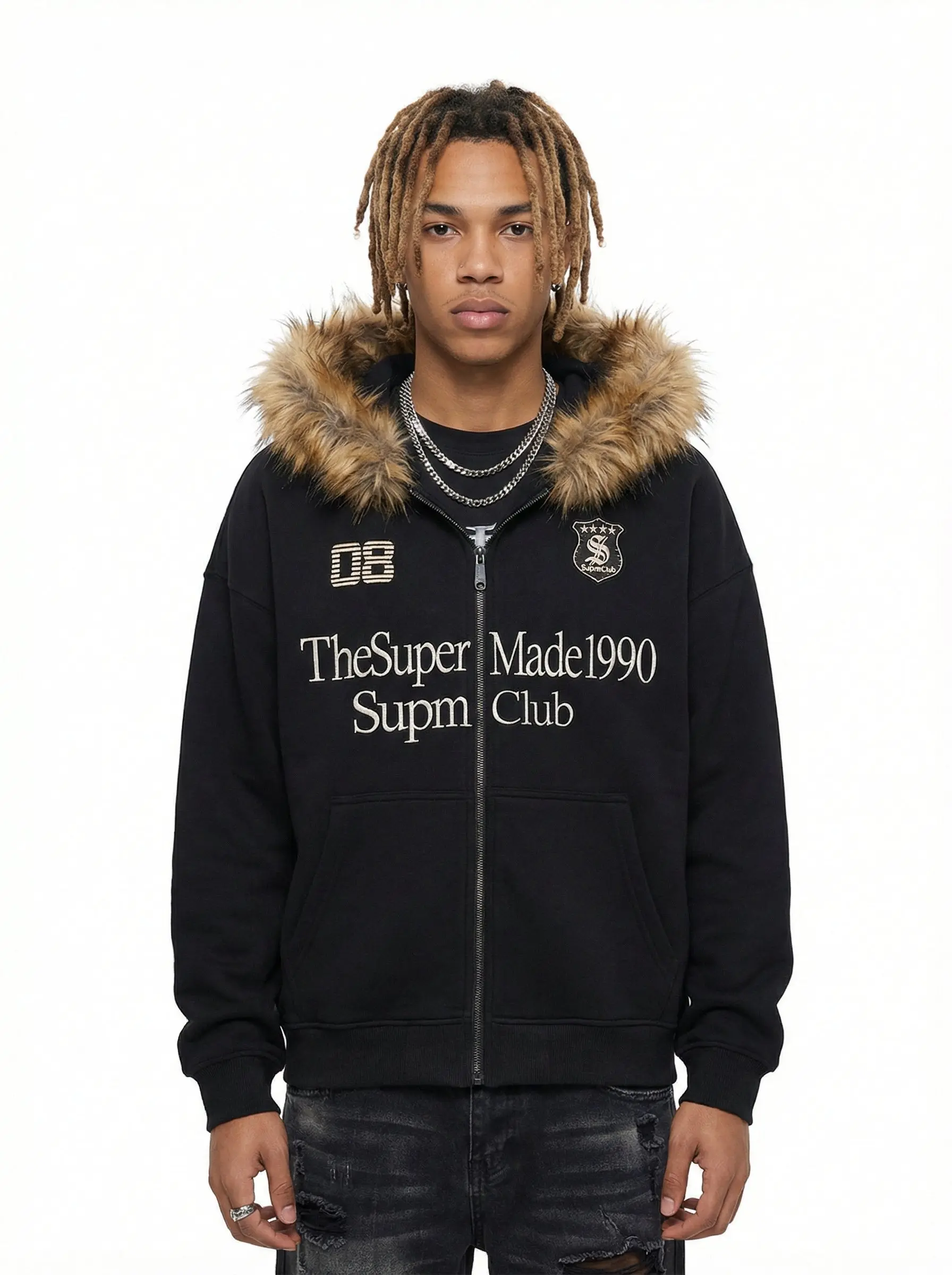 Letter Medal Embroidered Cardigan Fur Collar Zip Up Hoodie- 2502