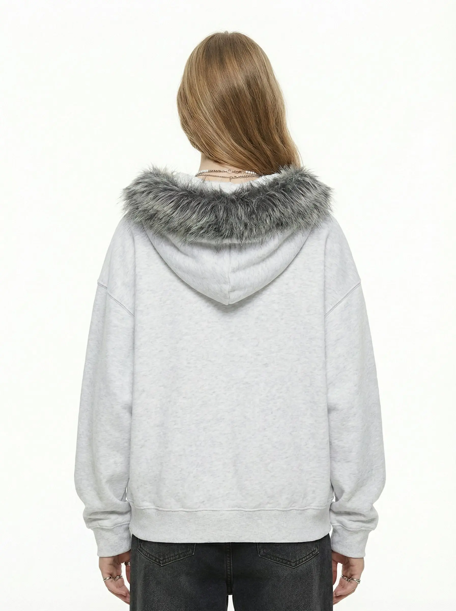 Letter Medal Embroidered Cardigan Fur Collar Zip Up Hoodie- 2502 - Image 10