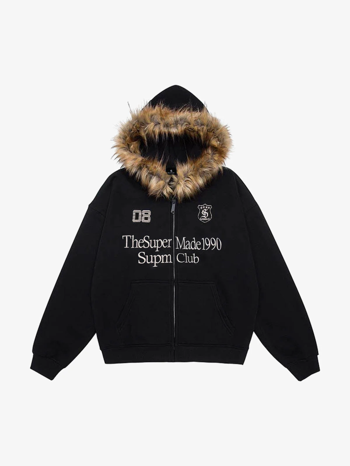Letter Medal Embroidered Cardigan Fur Collar Zip Up Hoodie- 2502 - Image 11