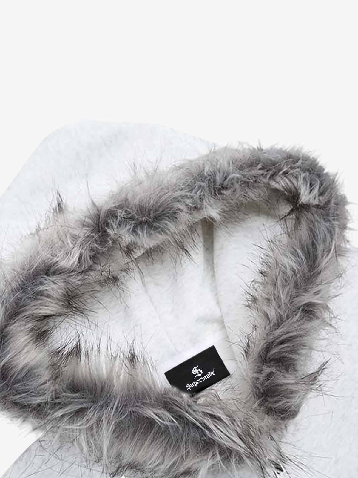 Letter Medal Embroidered Cardigan Fur Collar Zip Up Hoodie- 2502 - Image 14