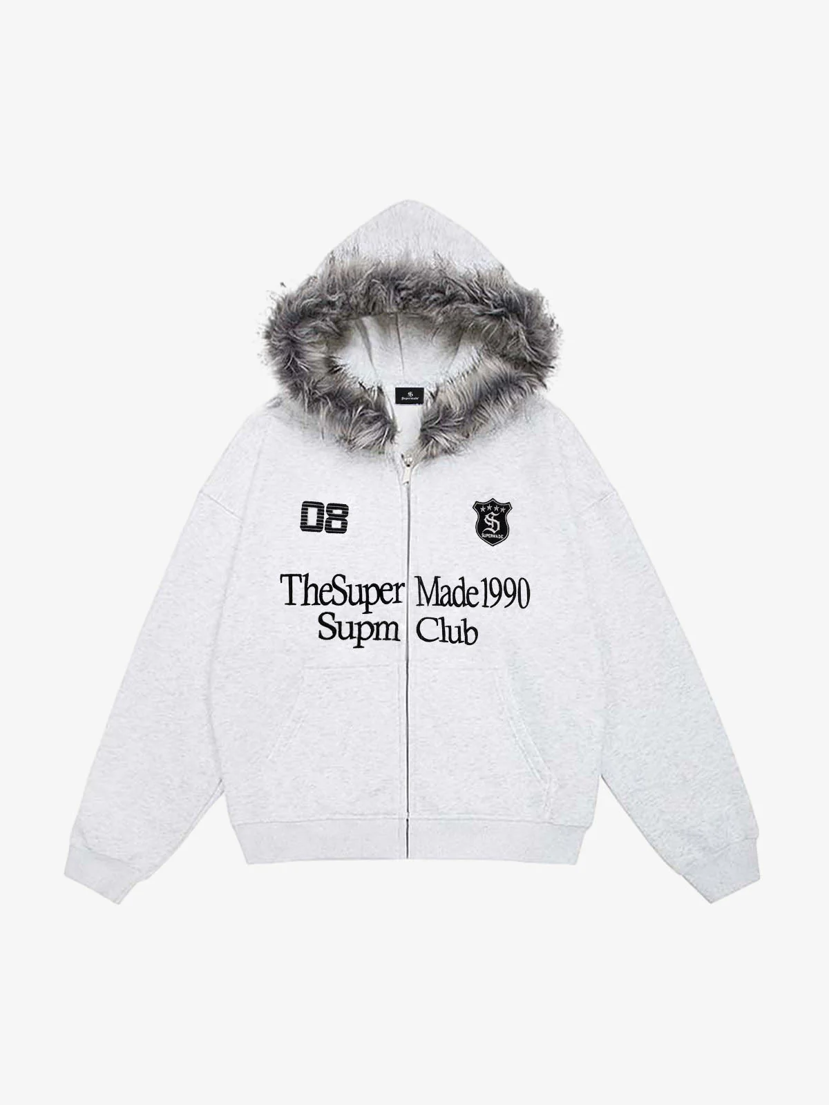 Letter Medal Embroidered Cardigan Fur Collar Zip Up Hoodie- 2502 - Image 2