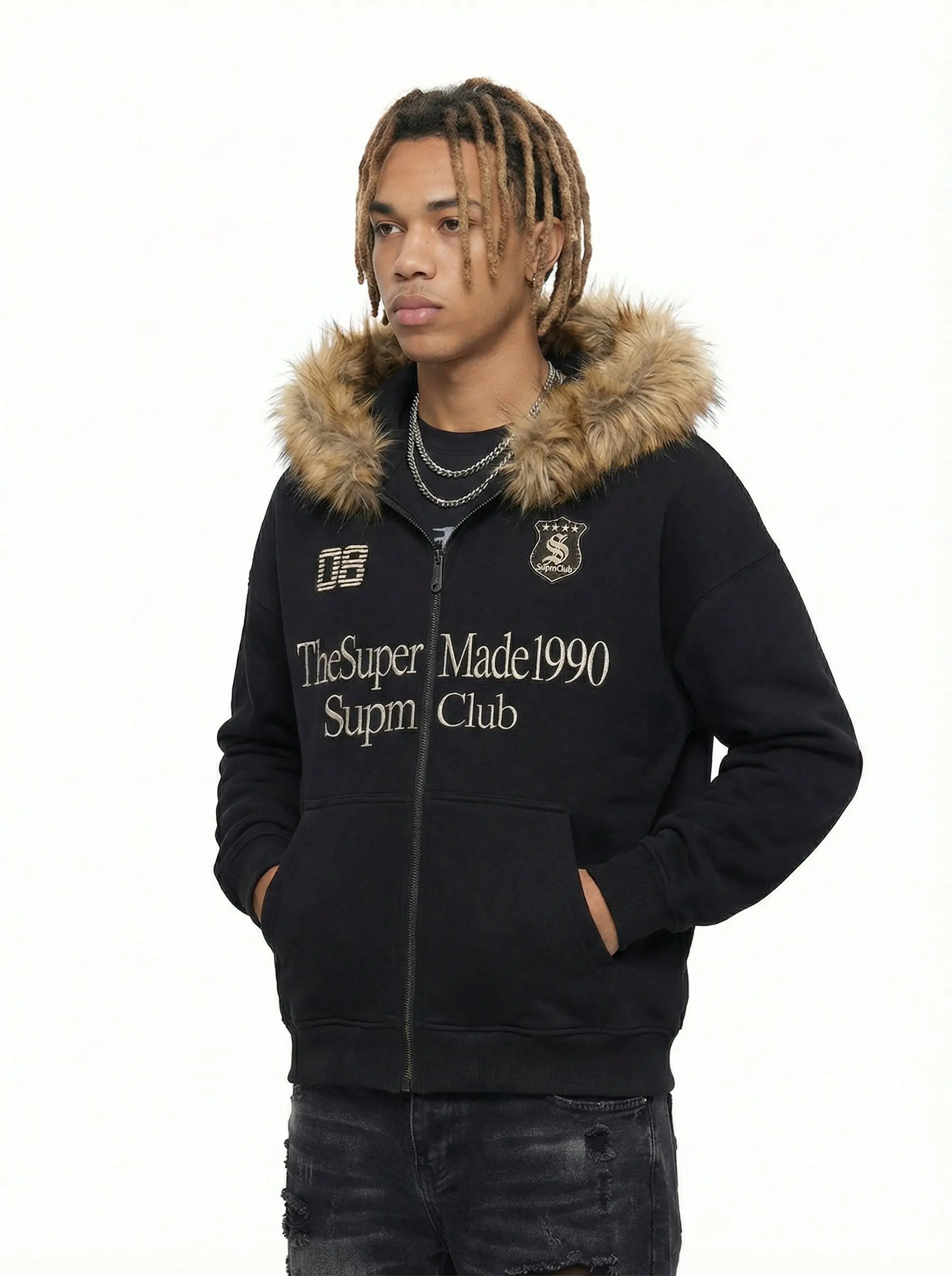 Letter Medal Embroidered Cardigan Fur Collar Zip Up Hoodie- 2502 - Image 3
