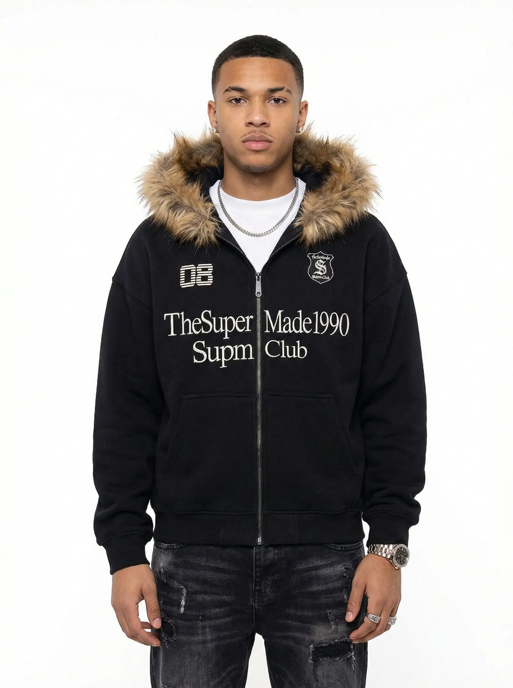 Letter Medal Embroidered Cardigan Fur Collar Zip Up Hoodie- 2502 - Image 5