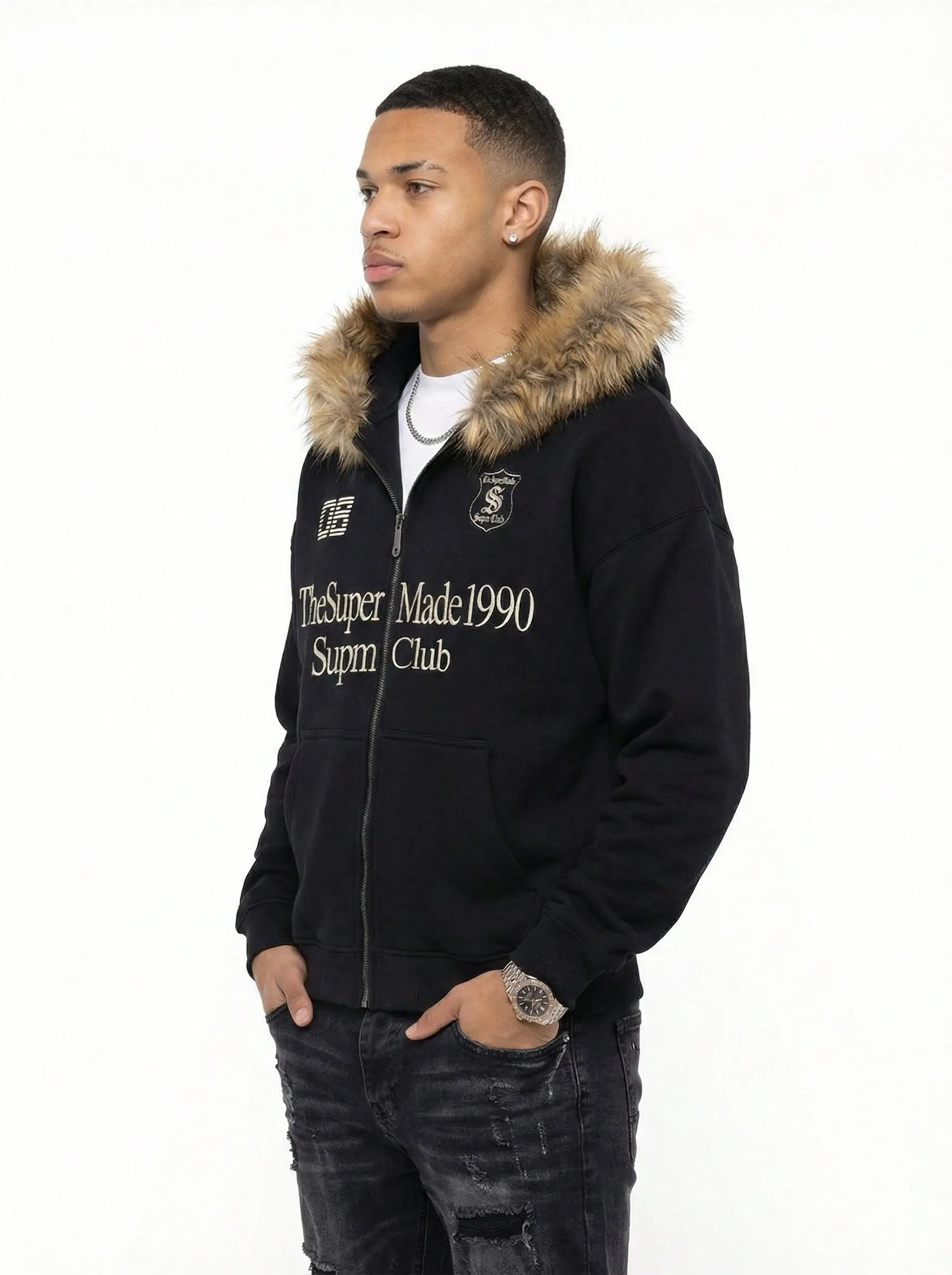 Letter Medal Embroidered Cardigan Fur Collar Zip Up Hoodie- 2502 - Image 6