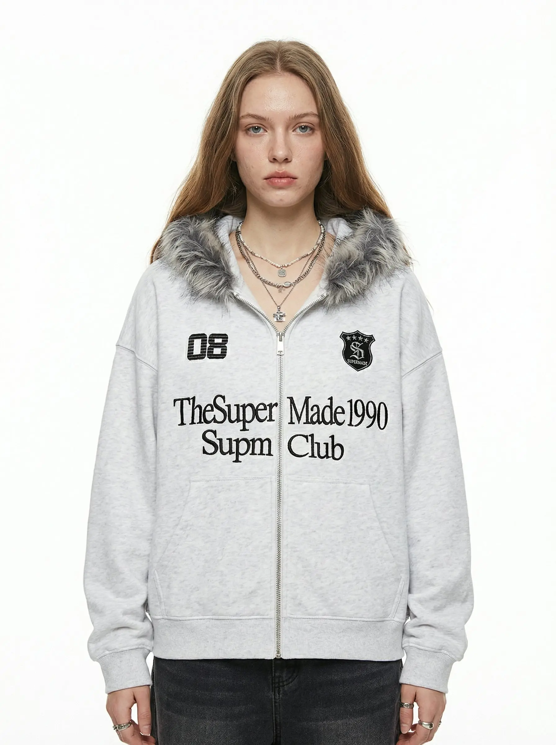 Letter Medal Embroidered Cardigan Fur Collar Zip Up Hoodie- 2502 - Image 8