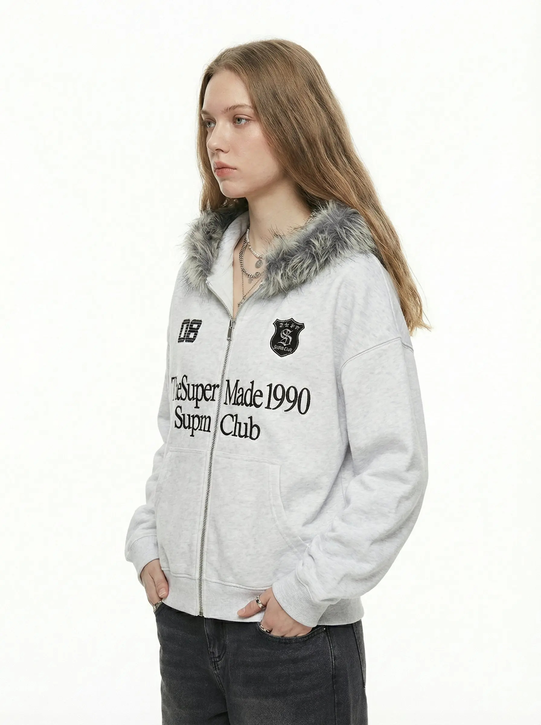 Letter Medal Embroidered Cardigan Fur Collar Zip Up Hoodie- 2502 - Image 9