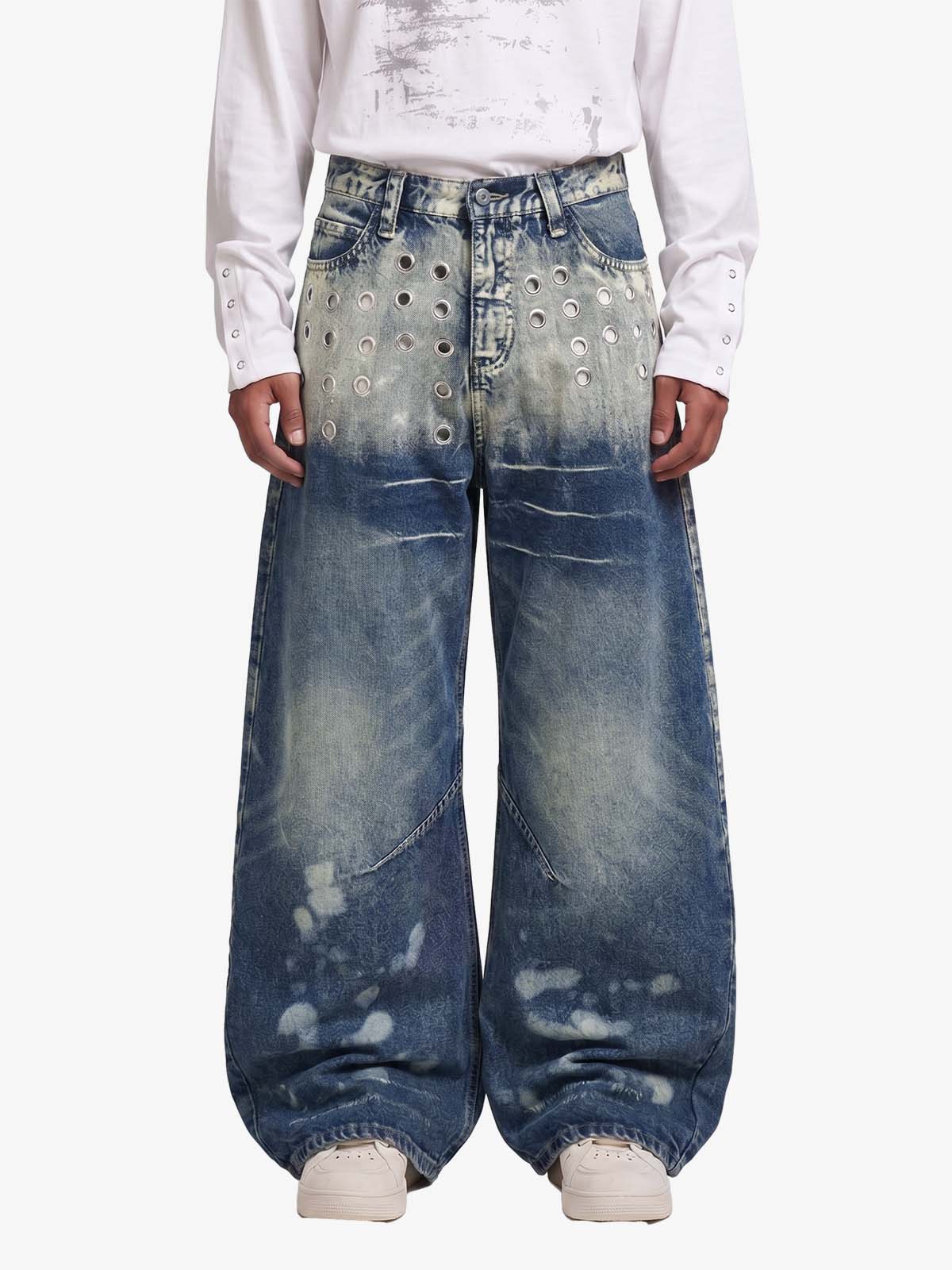 Multi-Eyelet Distressed Gradient Baggy Jeans