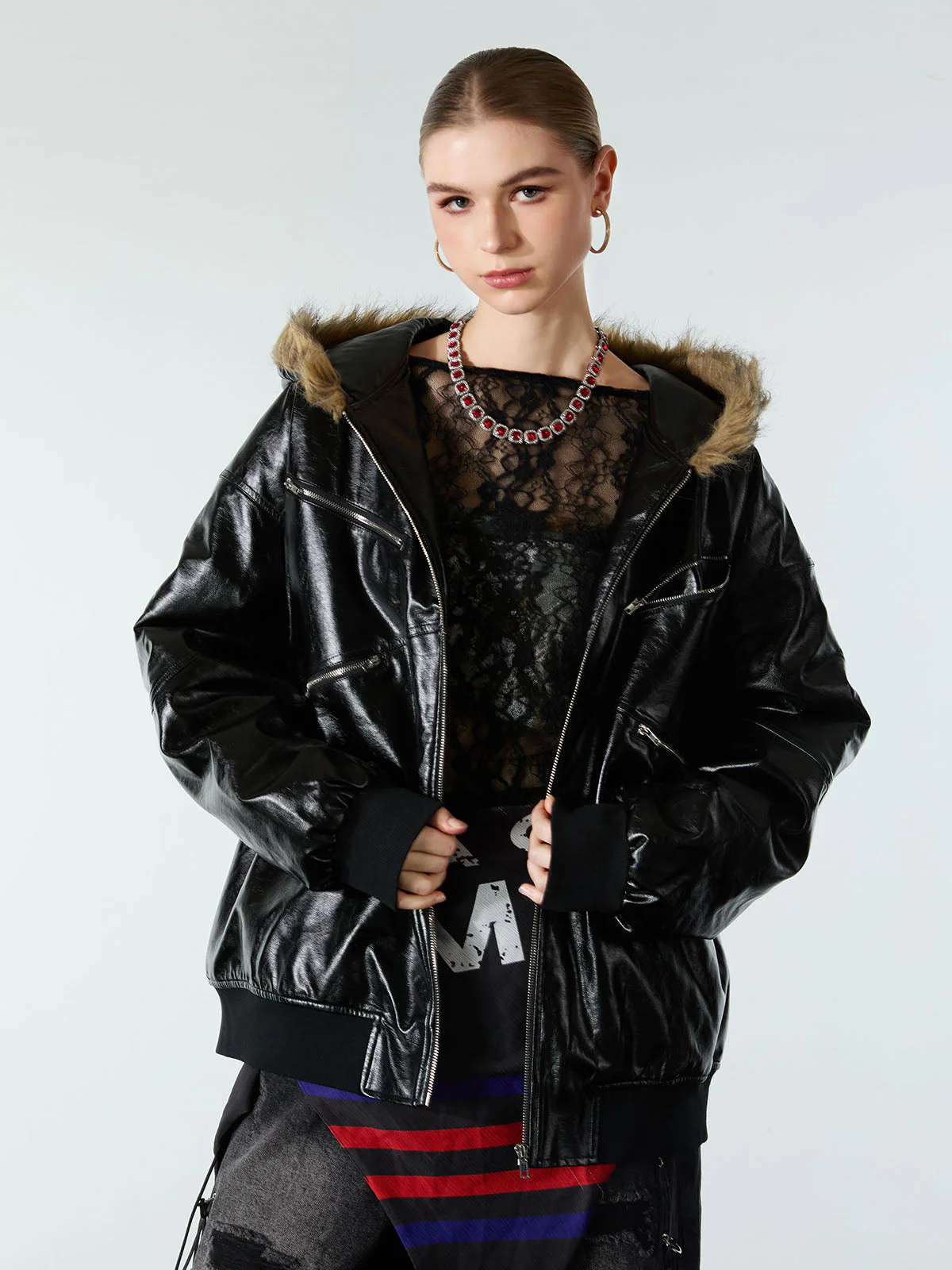 Multi-Zip Fur Hooded Leather Jacket - Image 6