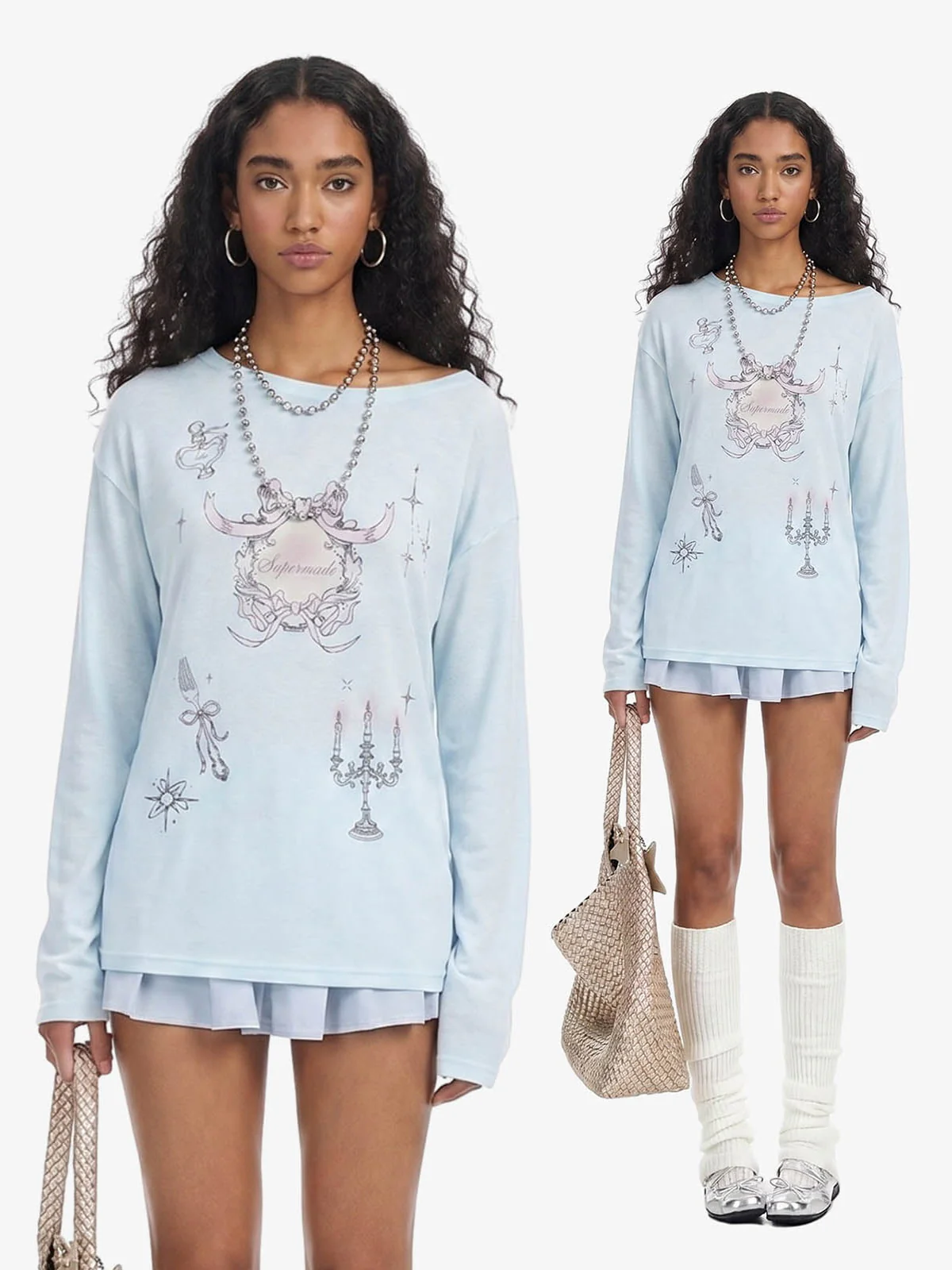 Off Shoulder Bow Graphic Long Sleeve T-Shirt