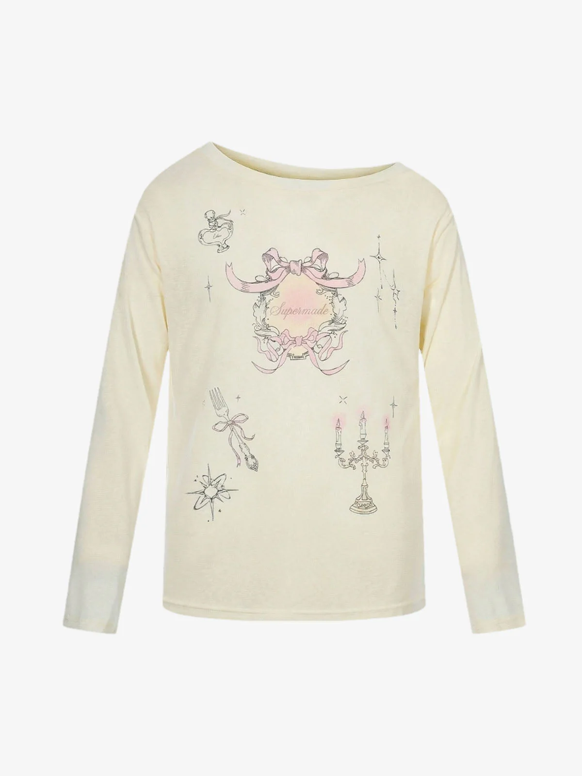 Off Shoulder Bow Graphic Long Sleeve T-Shirt - Image 2
