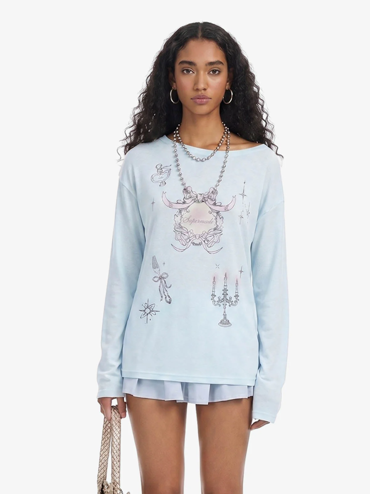 Off Shoulder Bow Graphic Long Sleeve T-Shirt - Image 3