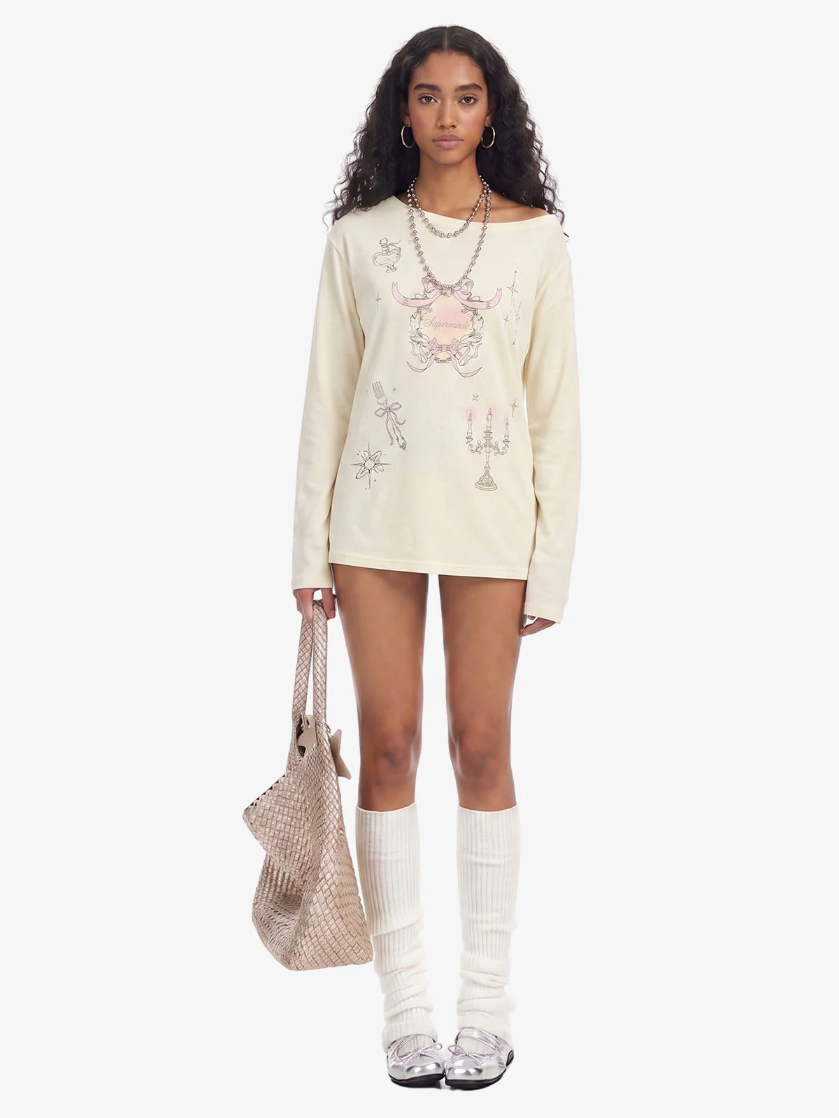 Off Shoulder Bow Graphic Long Sleeve T-Shirt - Image 6
