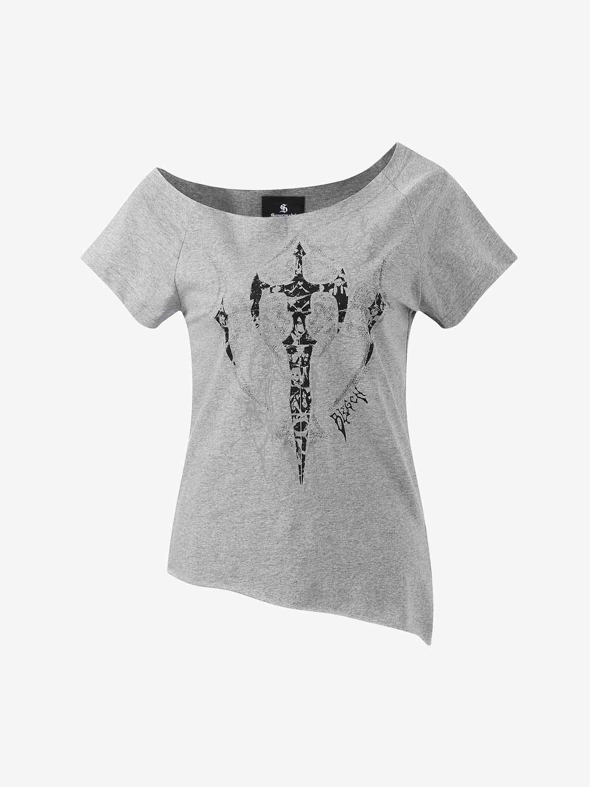 Off Shoulder Cross Graphic Slim Fit T-Shirt - Image 6