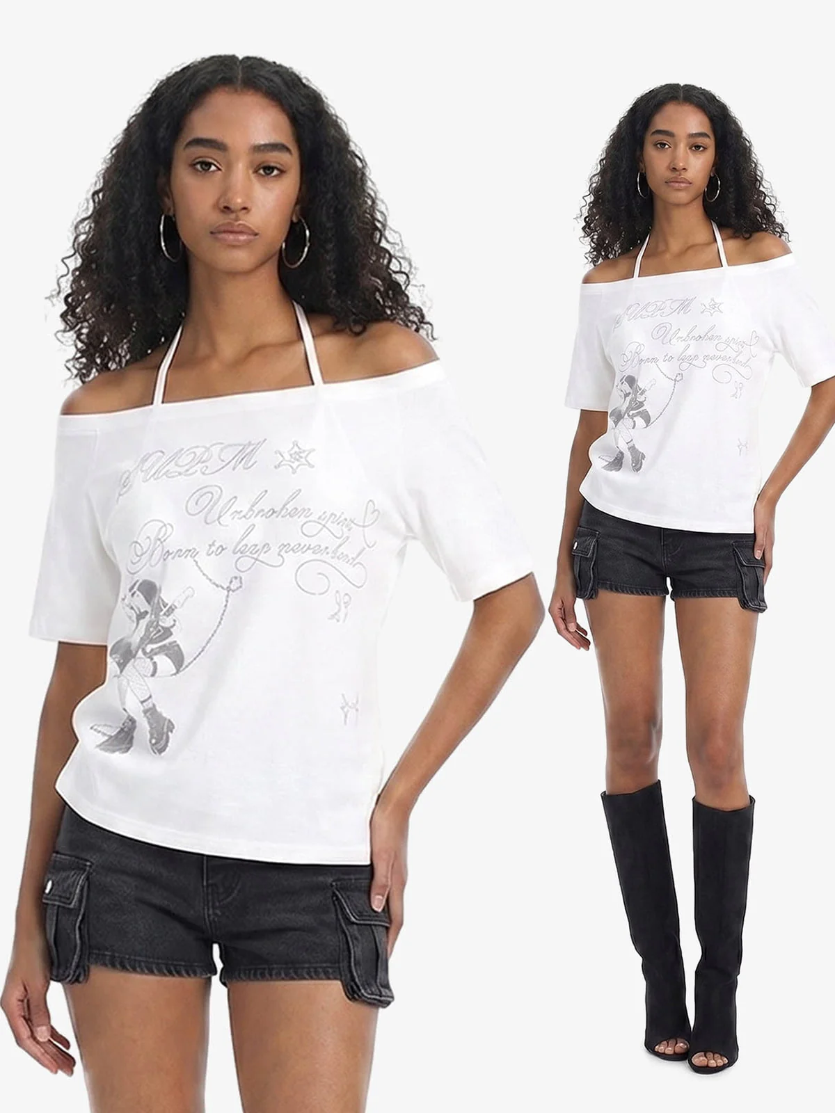 Off Shoulder Guitar Girl Graphic Cropped T-Shirt