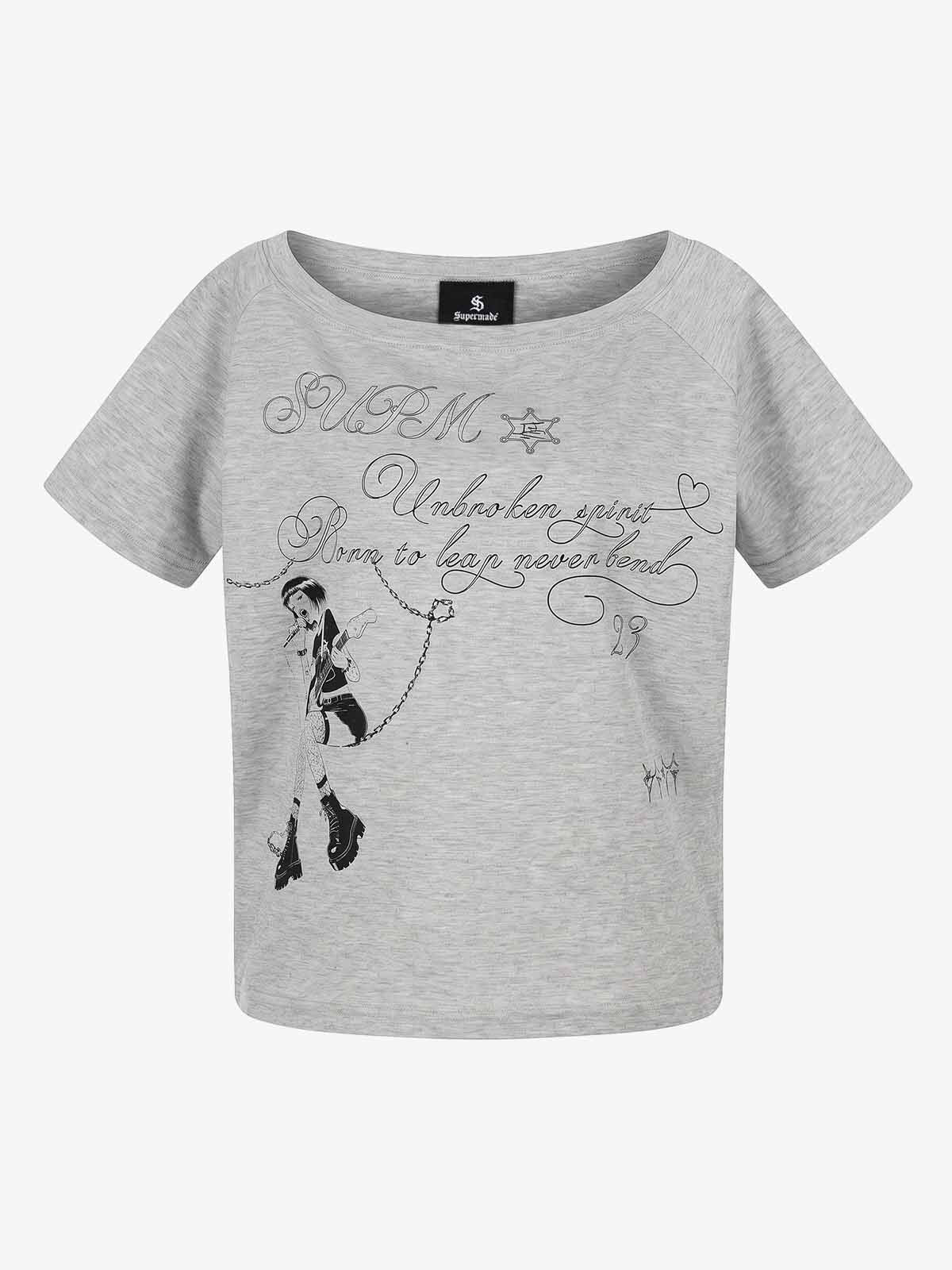 Off Shoulder Guitar Girl Graphic Cropped T-Shirt - Image 2