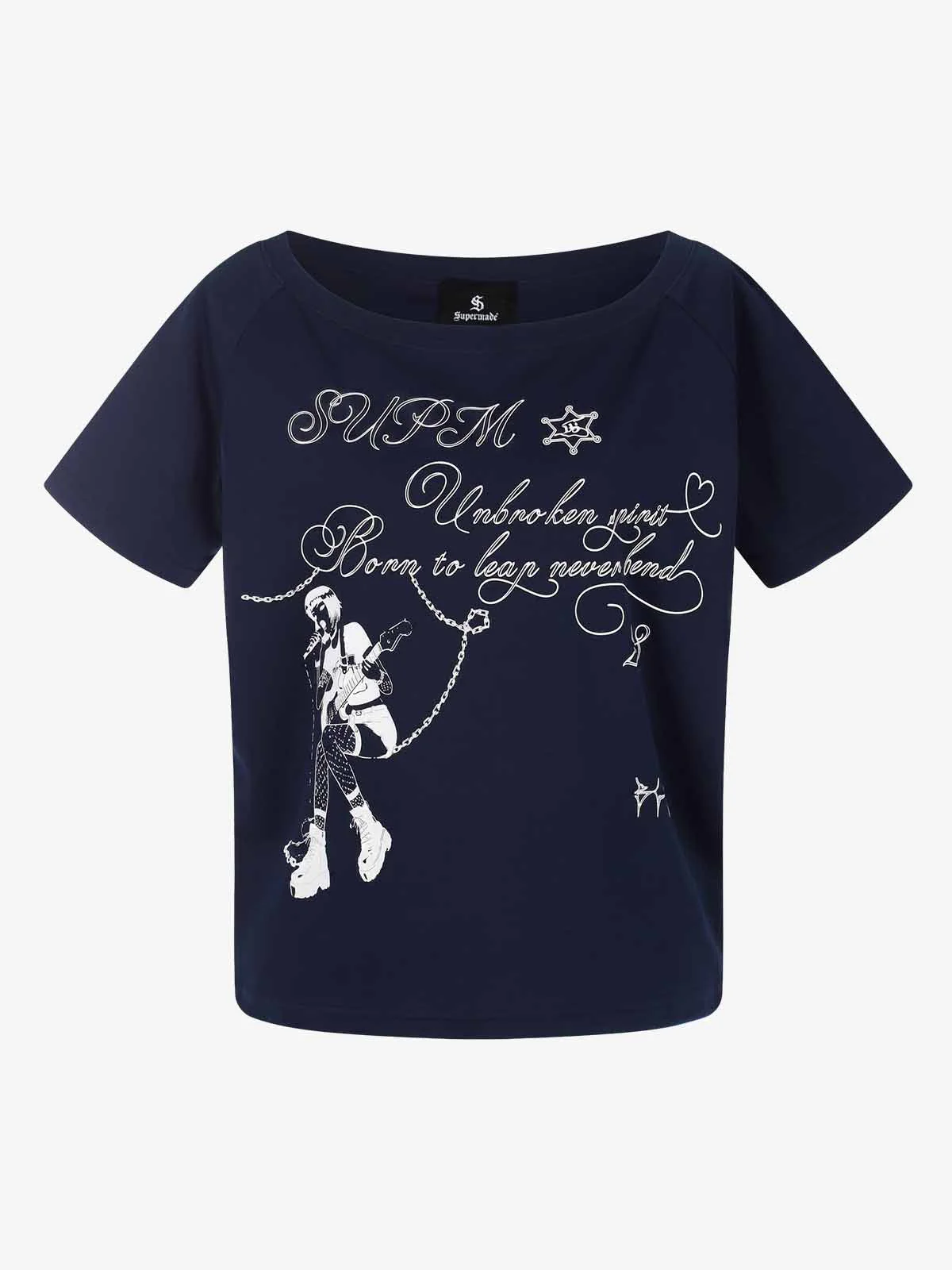Off Shoulder Guitar Girl Graphic Cropped T-Shirt - Image 3