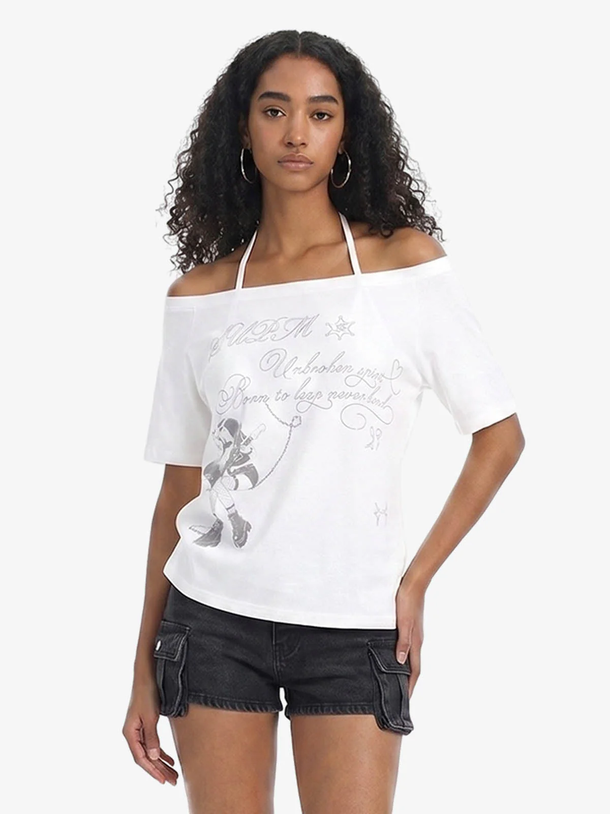 Off Shoulder Guitar Girl Graphic Cropped T-Shirt - Image 4