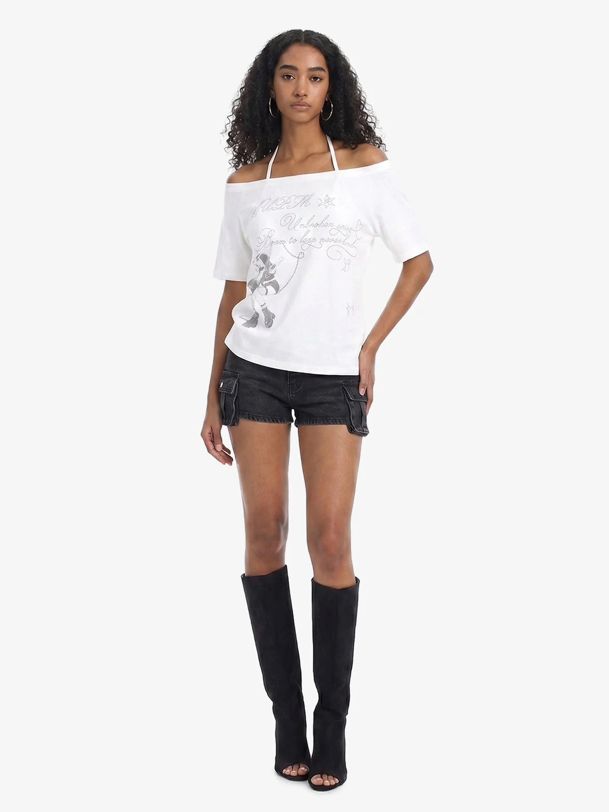 Off Shoulder Guitar Girl Graphic Cropped T-Shirt - Image 5